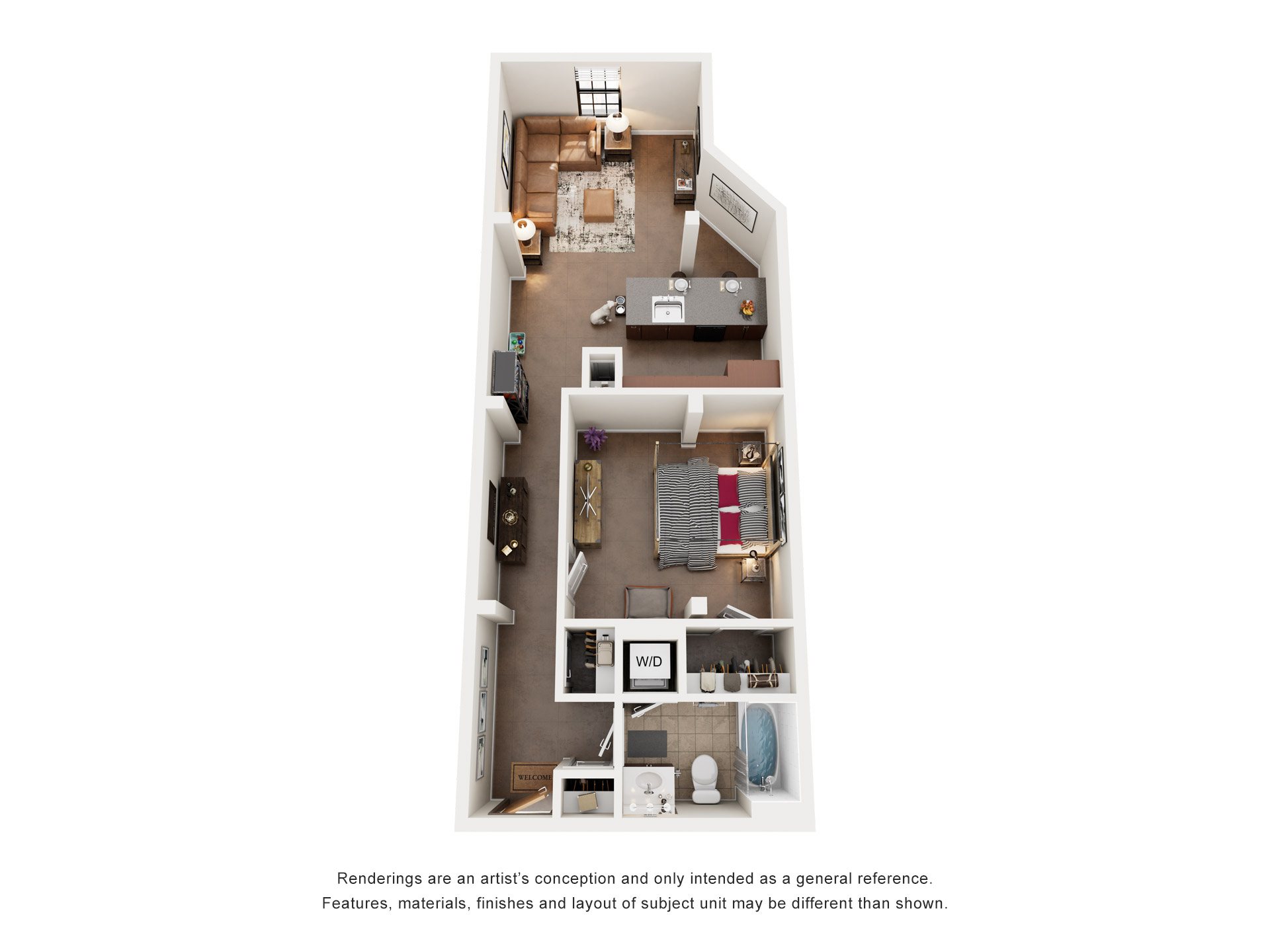 Floor plan for 1 bed, 1 bath, 849 sqft